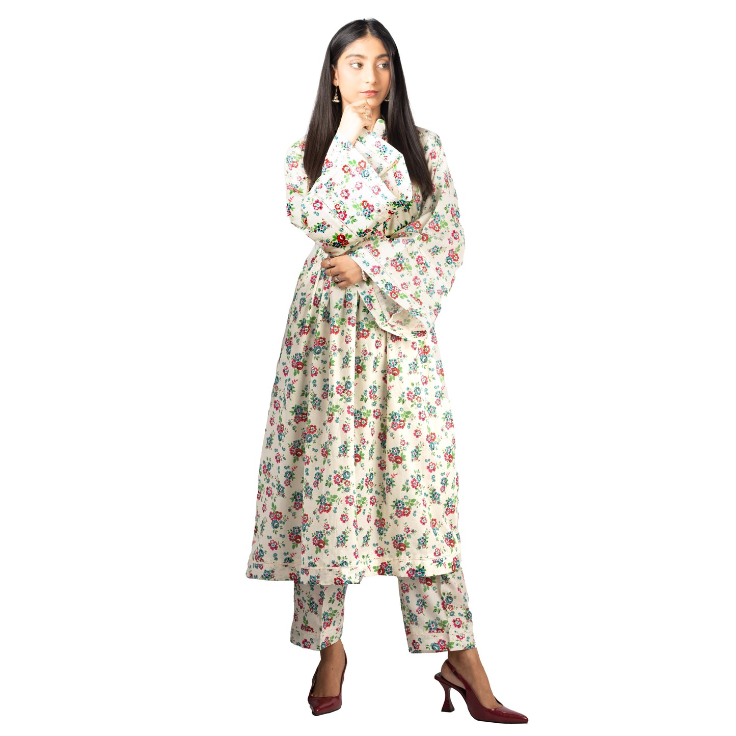 Floral Lawn Frock with Bell Sleeves