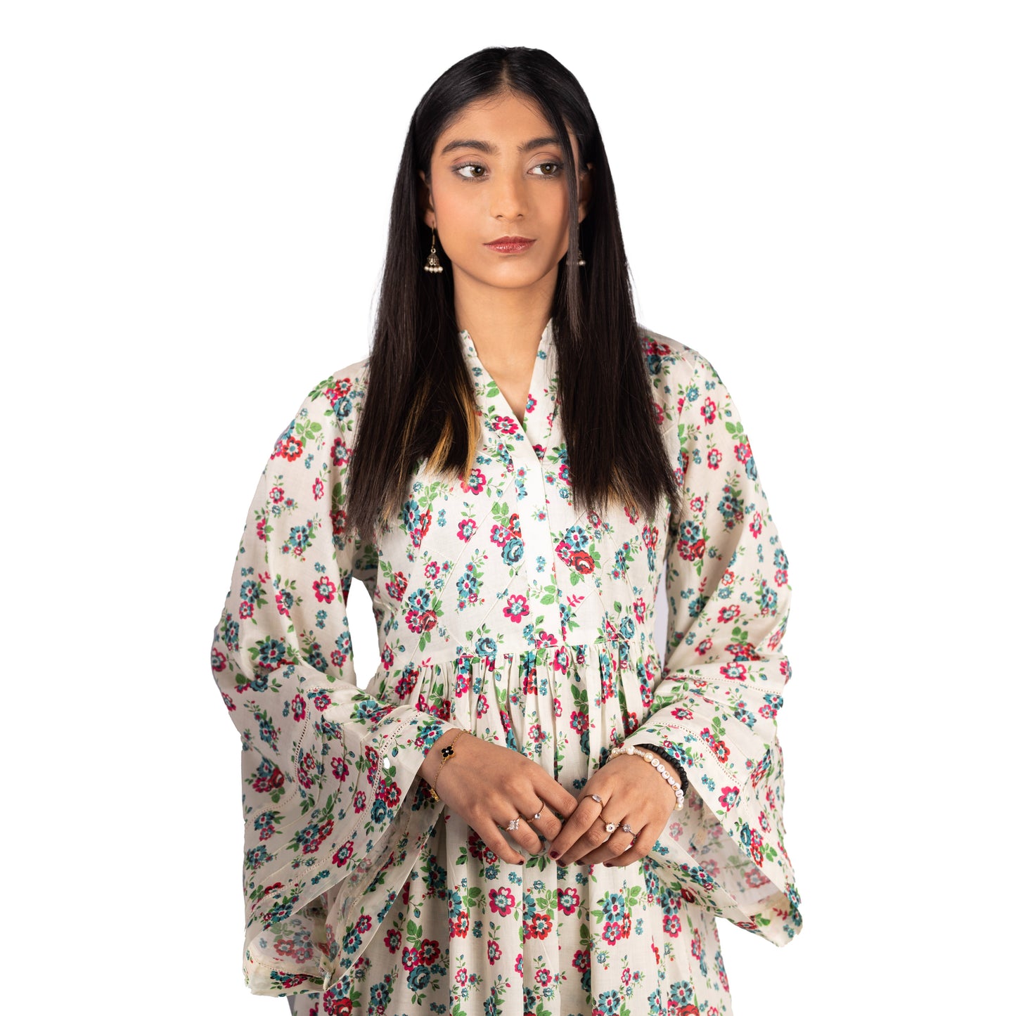 Floral Lawn Frock with Bell Sleeves