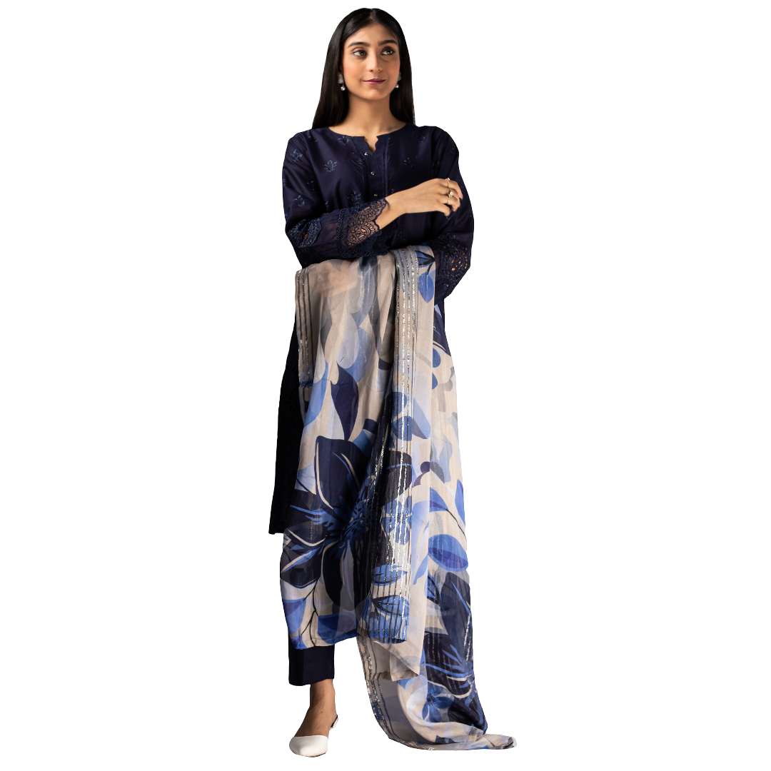 Three Piece Stitched Chicken Kari Lawn Suit for Ladies