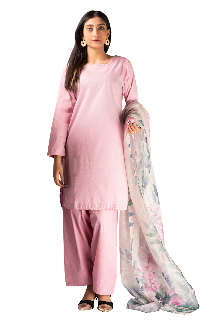 3 Piece Plain Lawn Stitched Suit With Printed Duppatta