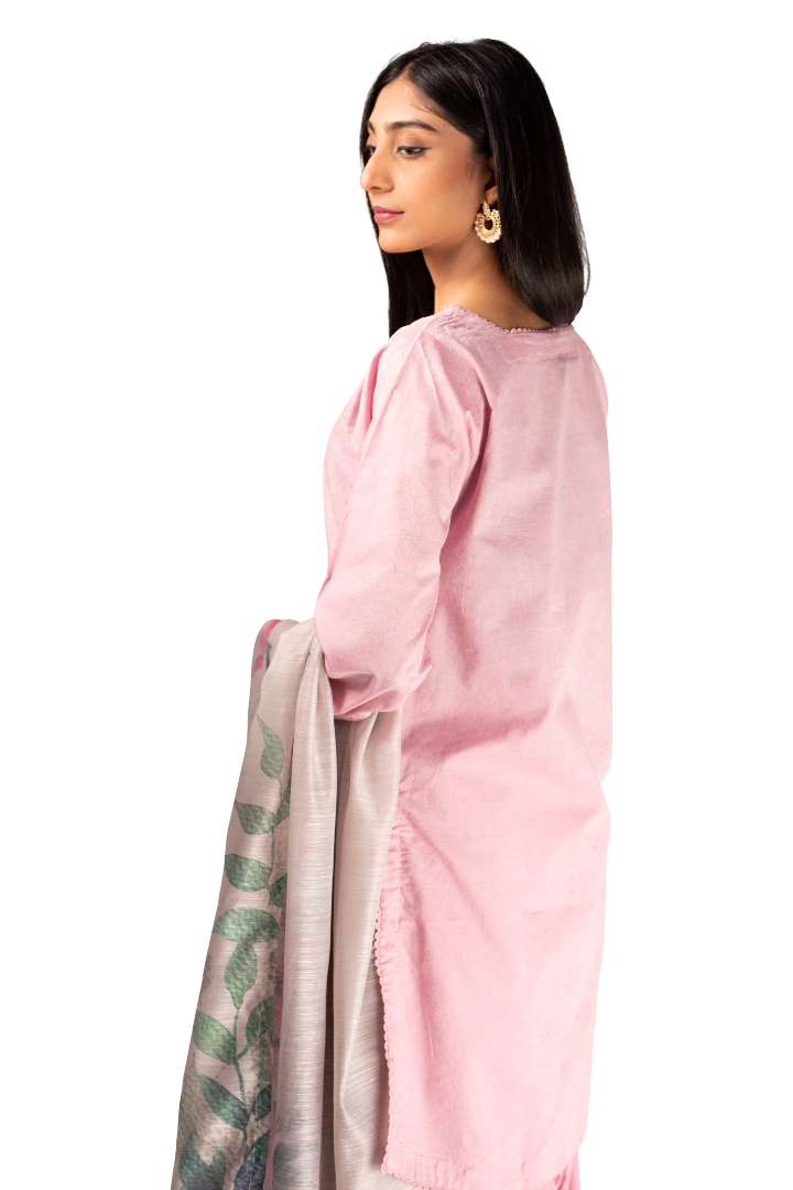3 Piece Plain Lawn Stitched Suit With Printed Duppatta