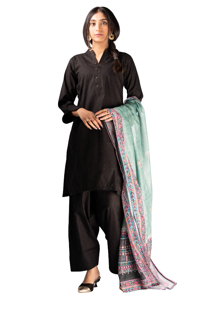 3 Piece Lawn Black Suit For Ladies with Printed Duppatta