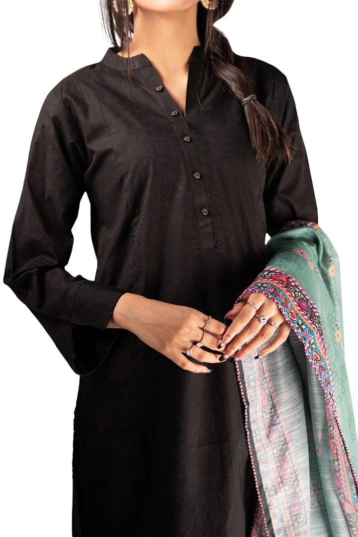 3 Piece Lawn Black Suit For Ladies with Printed Duppatta