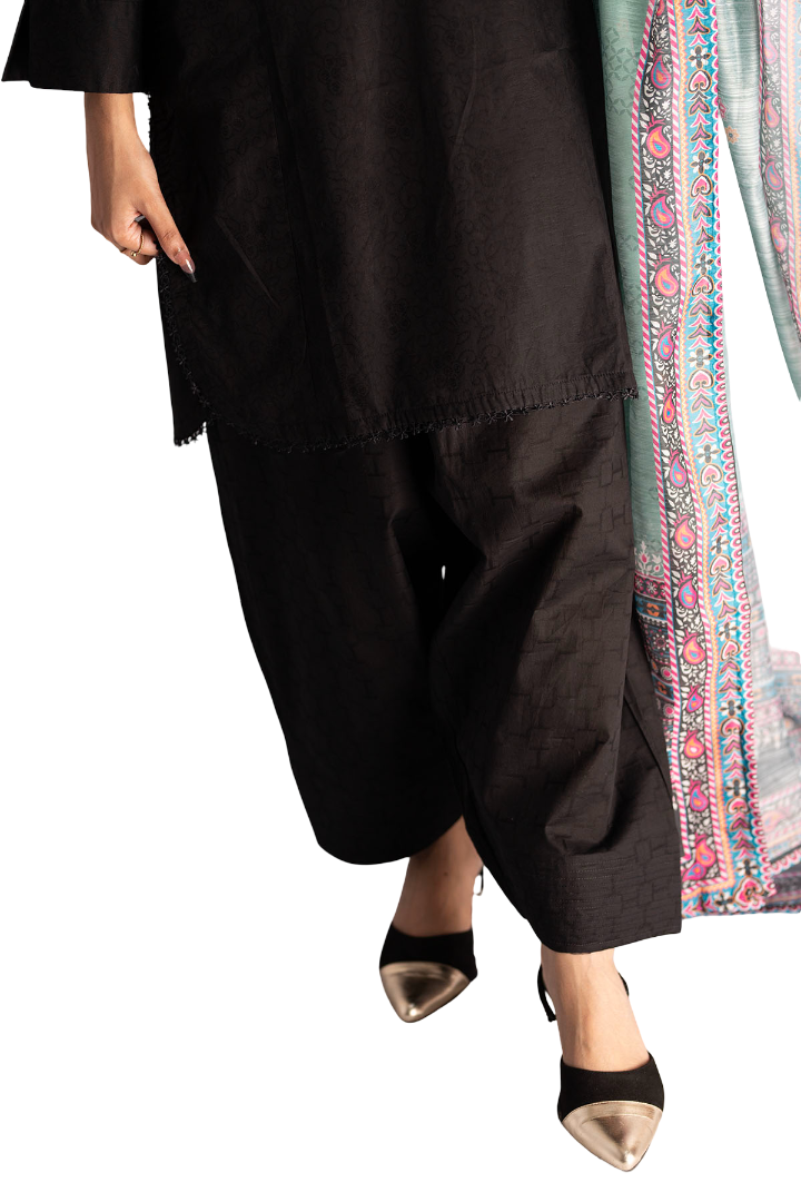 3 Piece Lawn Black Suit For Ladies with Printed Duppatta