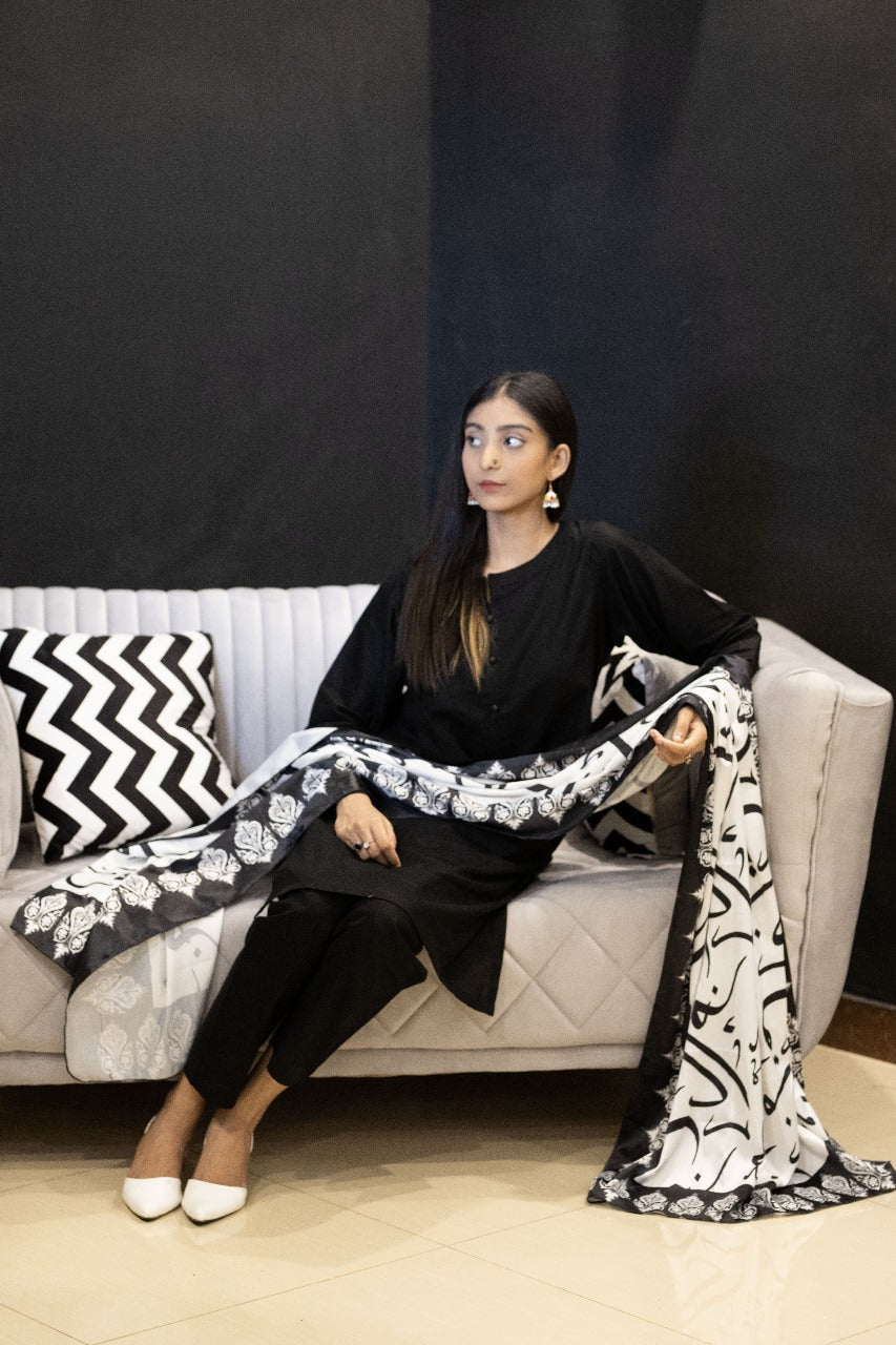 Three Piece Lawn Black Suit with Printed Calligraphy Dupatta