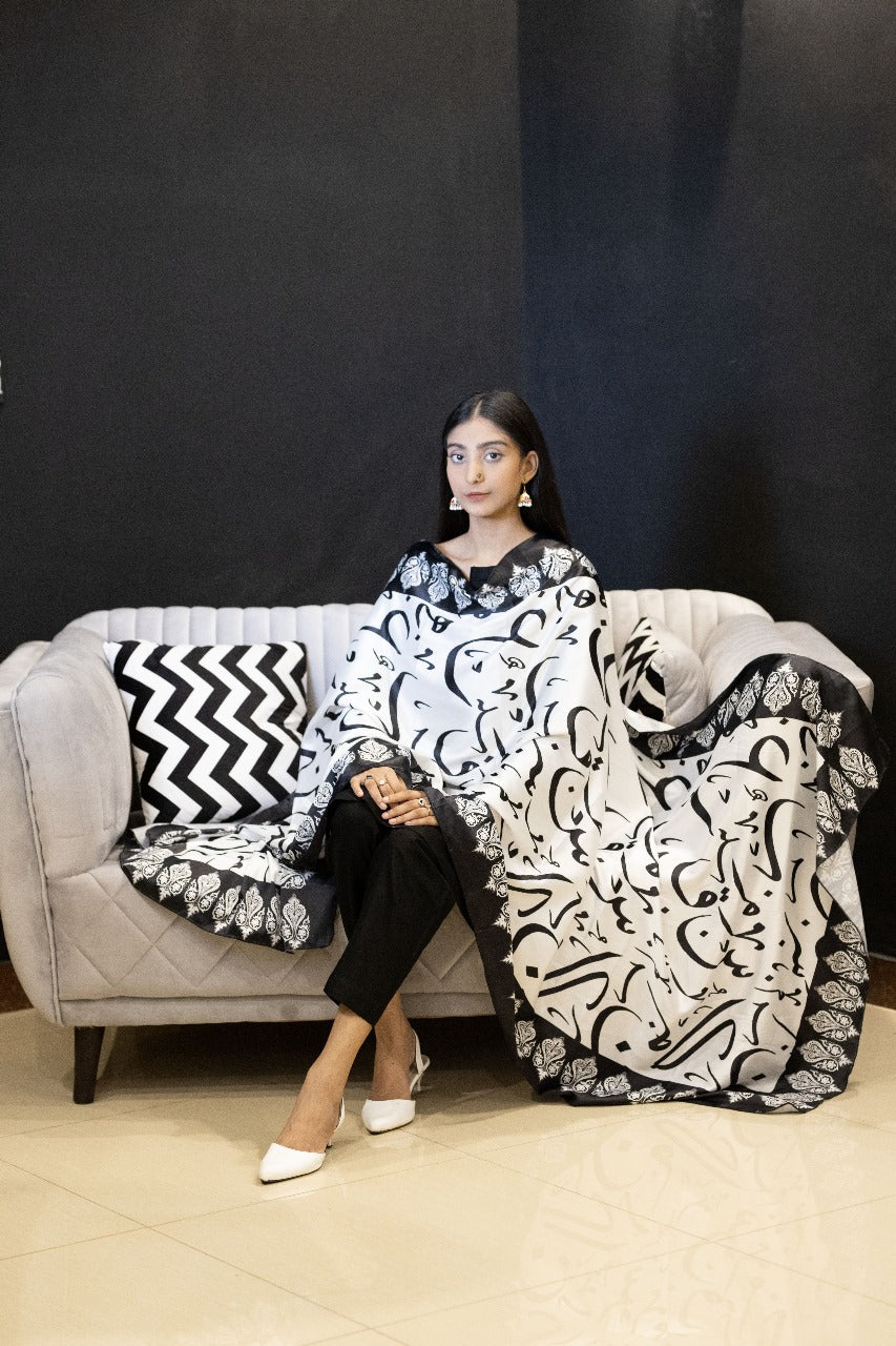 Three Piece Lawn Black Suit with Printed Calligraphy Dupatta