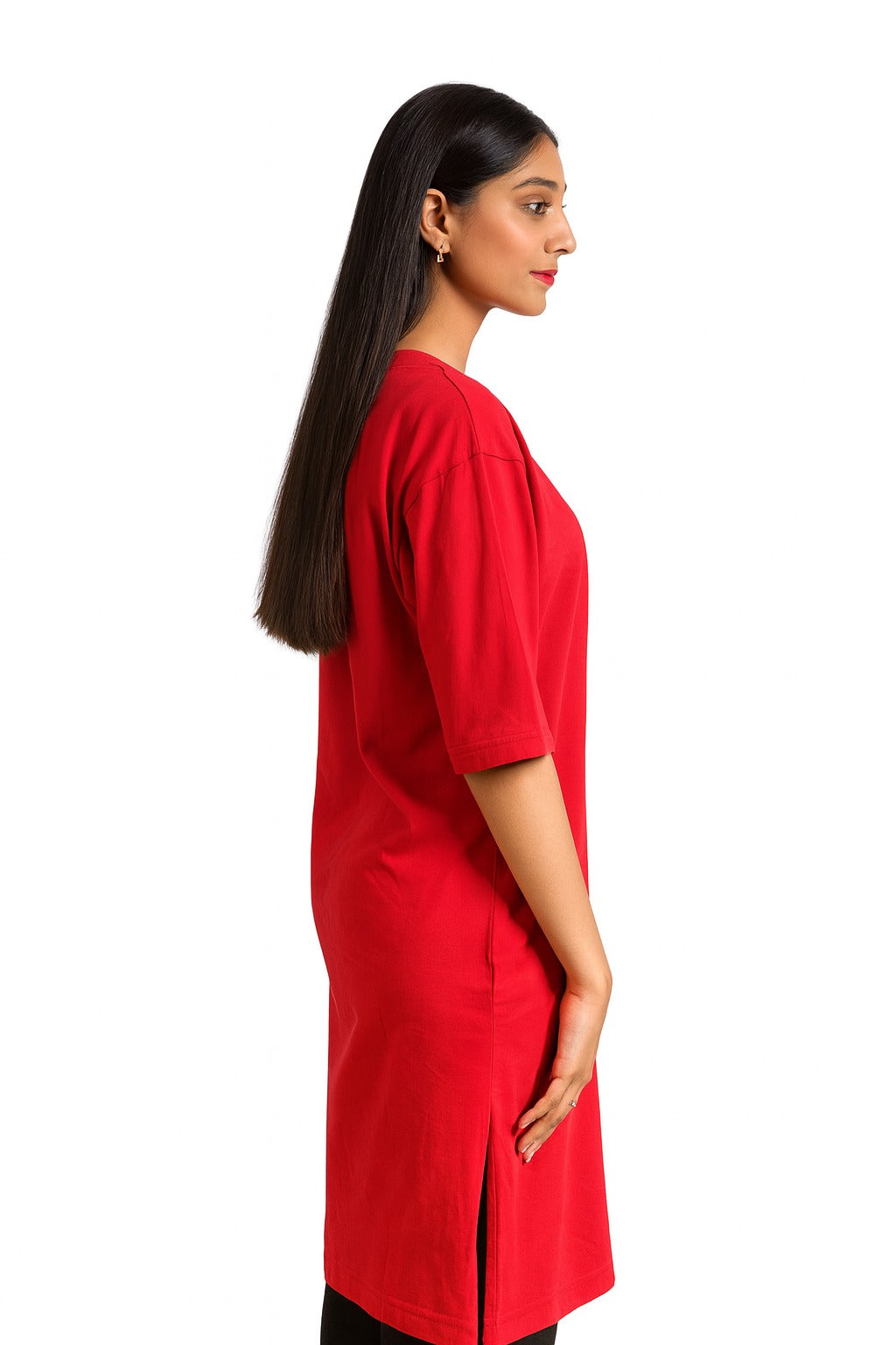 Women’s Red Long Shirt Dress – Oversized Casual Tunic with Graphic Print & Side Slit