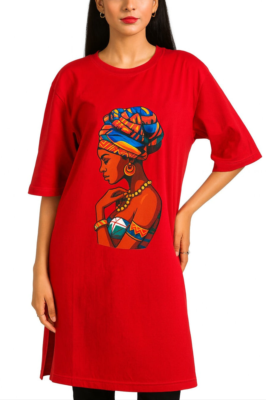 Women’s Red Long Shirt Dress – Oversized Casual Tunic with Graphic Print & Side Slit