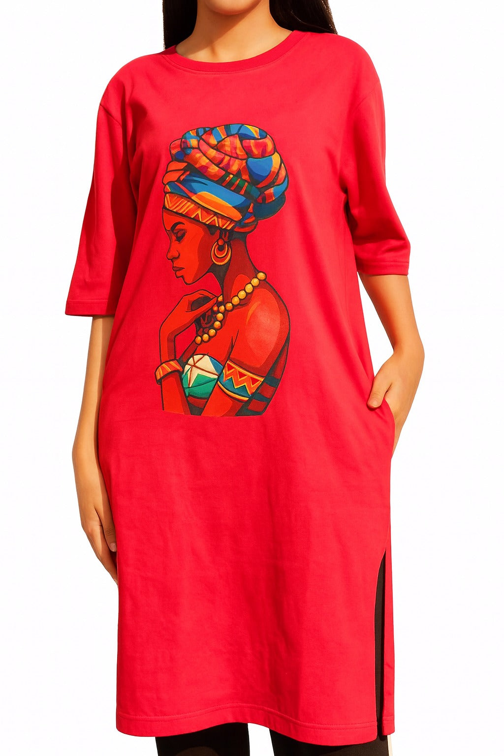 Women’s Red Long Shirt Dress – Oversized Casual Tunic with Graphic Print & Side Slit
