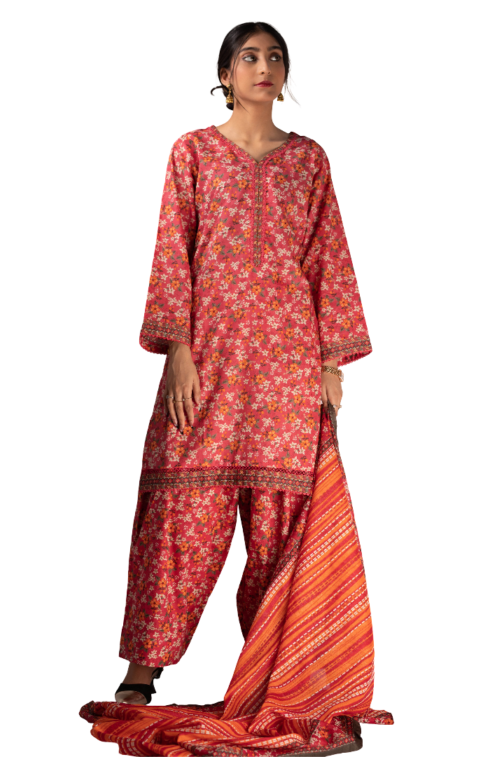 Three Piece Printed Floral Suit For Ladies