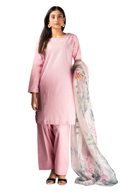 3 Piece Plain Lawn Stitched Suit With Printed Duppatta
