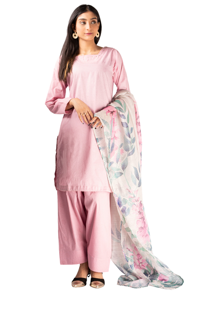 3 Piece Plain Lawn Stitched Suit With Printed Duppatta