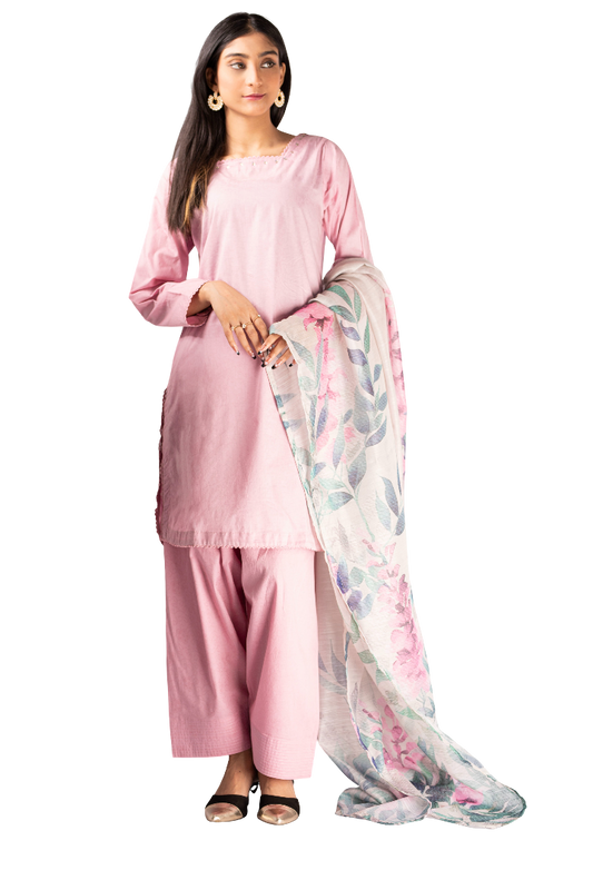 3 Piece Plain Lawn Stitched Suit With Printed Duppatta