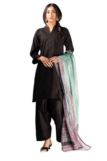 3 Piece Lawn Black Suit For Ladies with Printed Duppatta