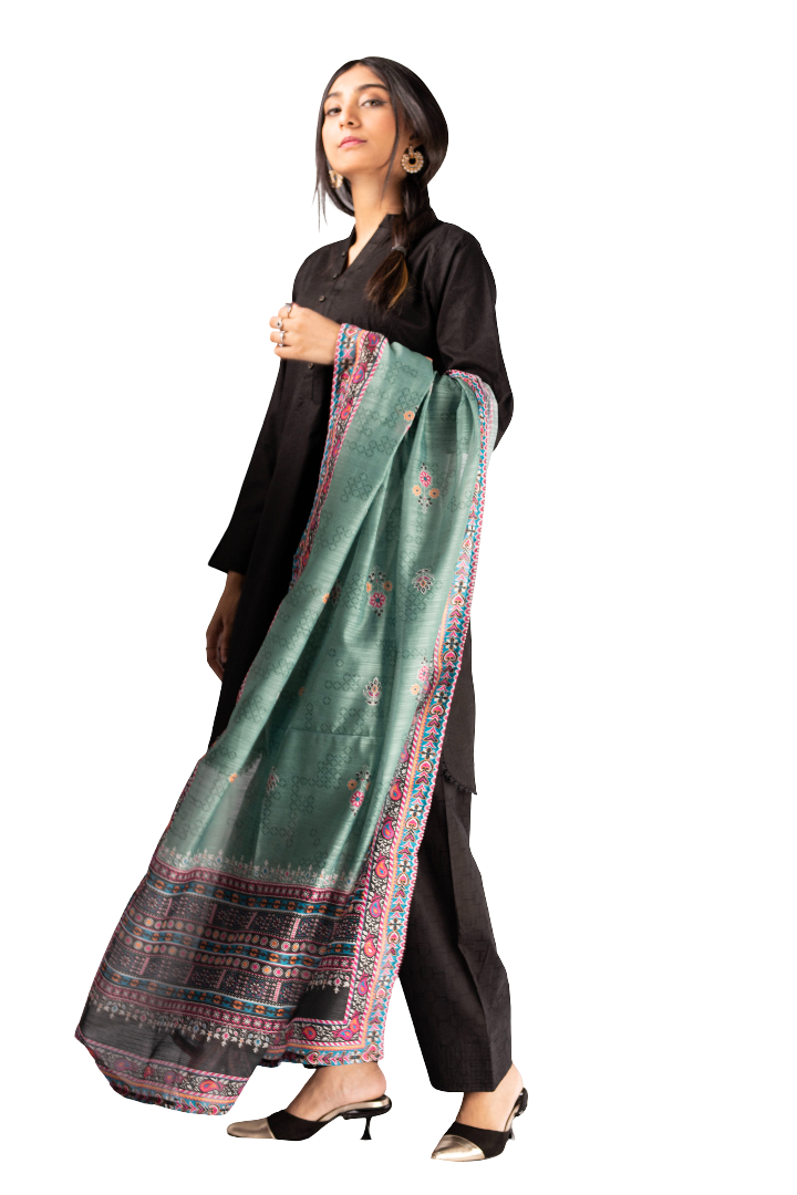 3 Piece Lawn Black Suit For Ladies with Printed Duppatta