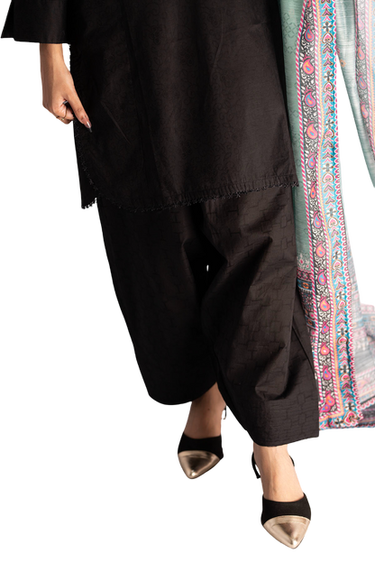 3 Piece Lawn Black Suit For Ladies with Printed Duppatta