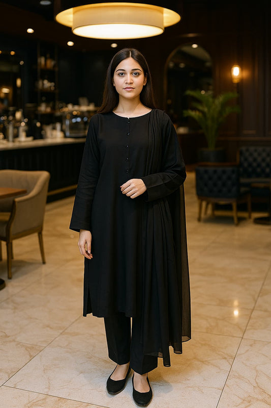 3 Pc All Black Lawn Simple Suit For Women