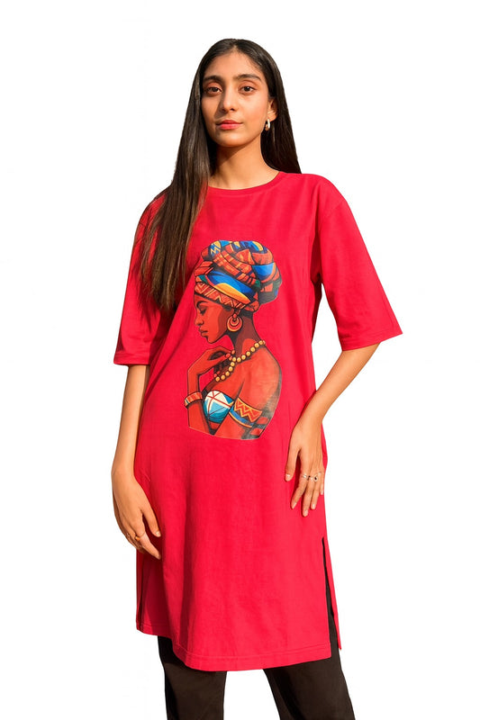Women’s Red Long Shirt Dress – Oversized Casual Tunic with Graphic Print & Side Slit