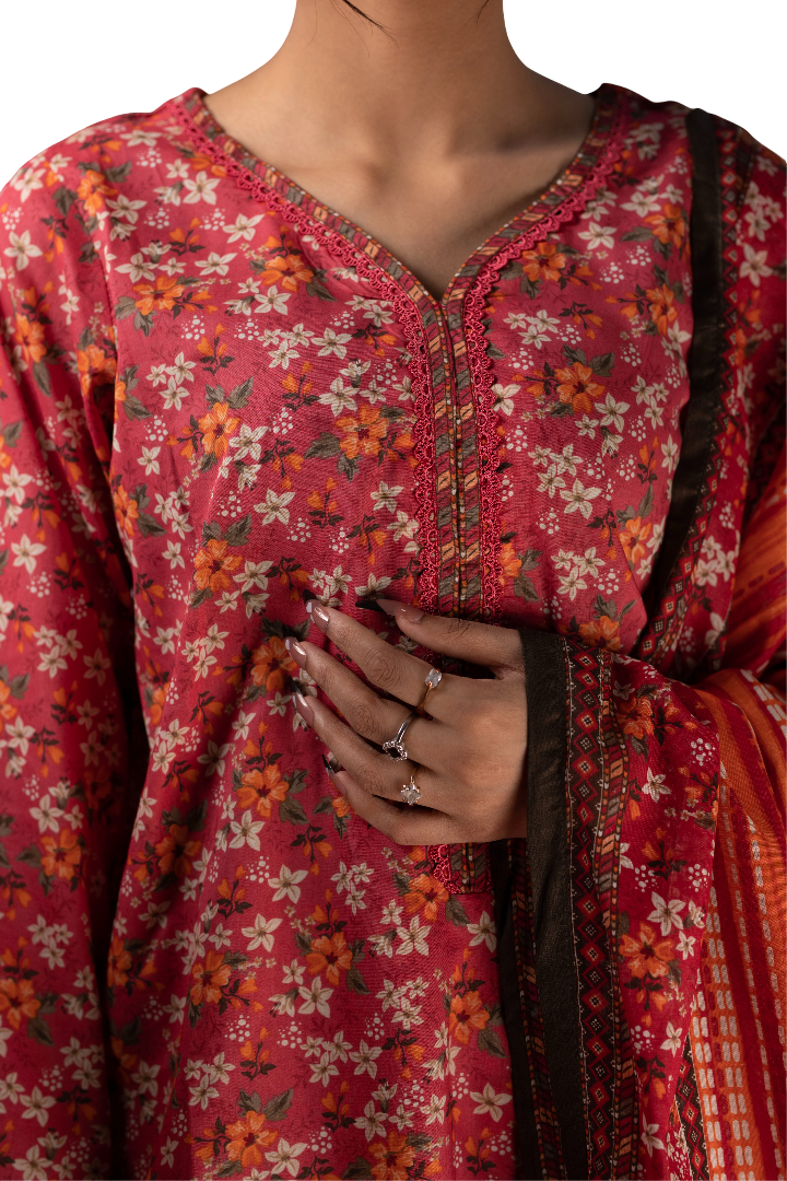 Three Piece Printed Floral Suit For Ladies