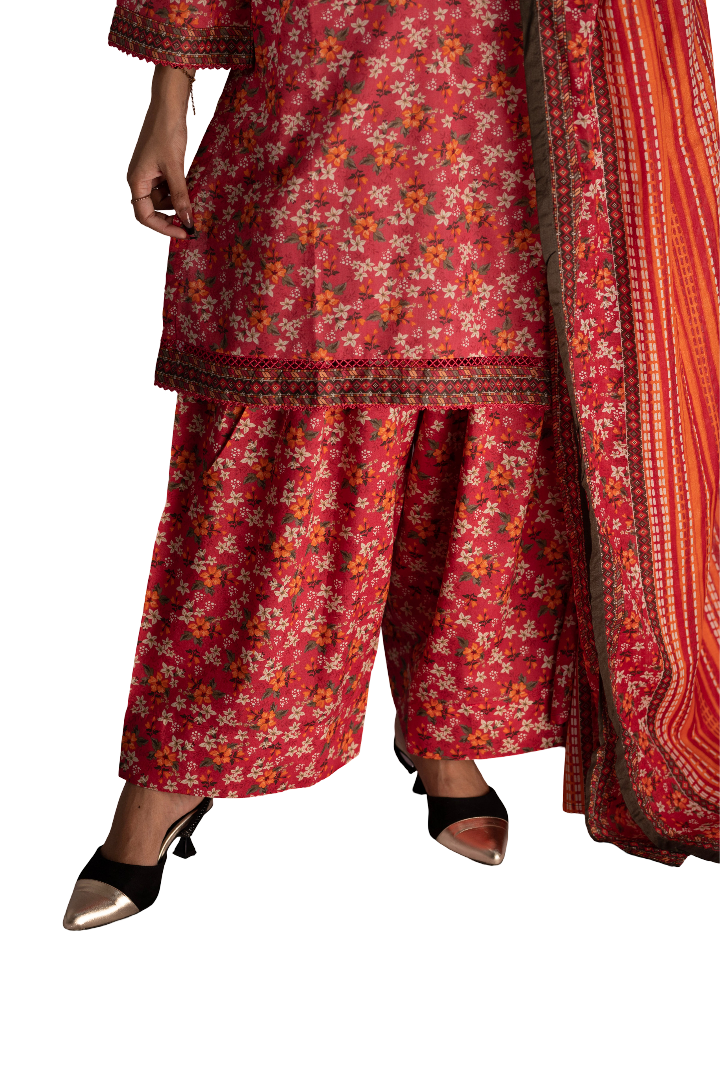 Three Piece Printed Floral Suit For Ladies
