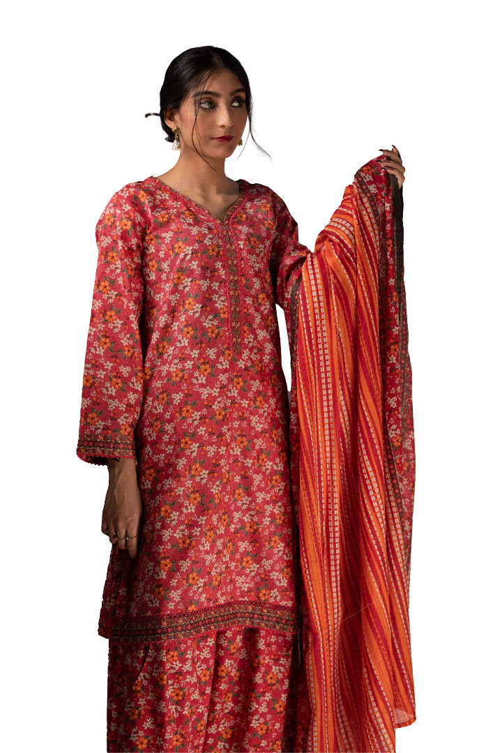 Three Piece Printed Floral Suit For Ladies