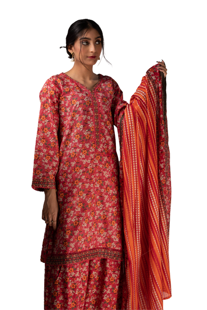 Three Piece Printed Floral Suit For Ladies